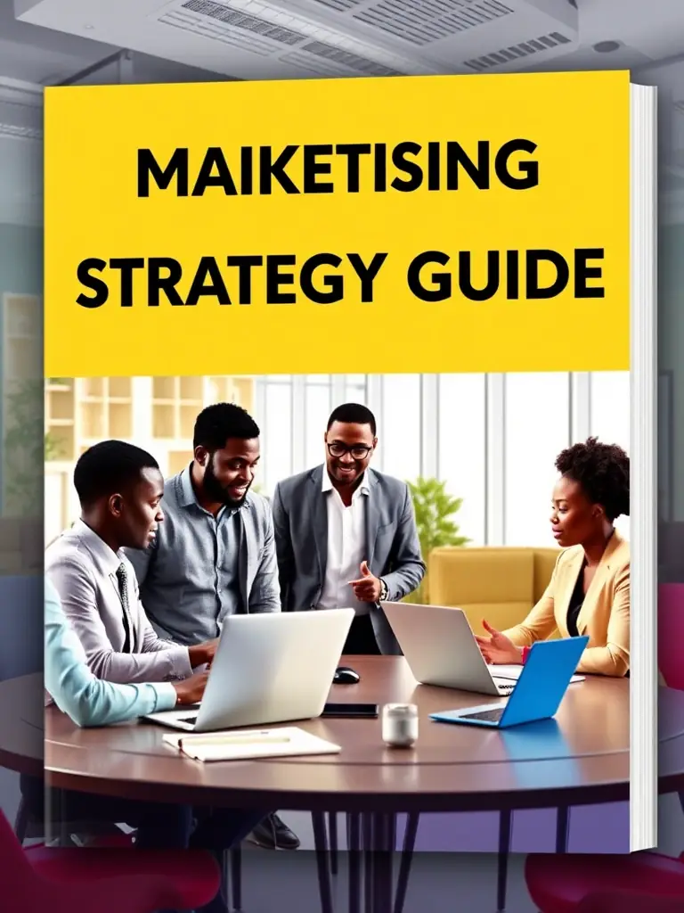 A visually appealing PDF guide cover, titled 'Marketing Strategy Guide, ' featuring African entrepreneurs in diverse settings, with a focus on digital marketing techniques.
