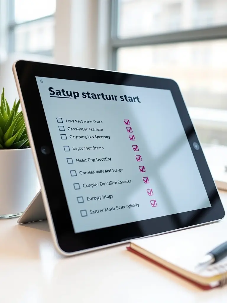 A checklist displayed on a tablet, outlining key steps for launching a startup, with checkmarks indicating completed tasks, in a bright and modern workspace.