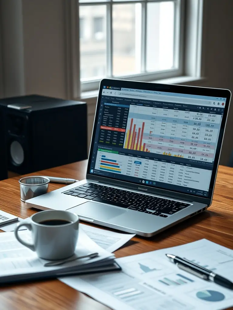 A professional-looking Excel template for financial forecasting, displayed on a laptop screen, with charts and graphs visible, in a well-lit office setting.